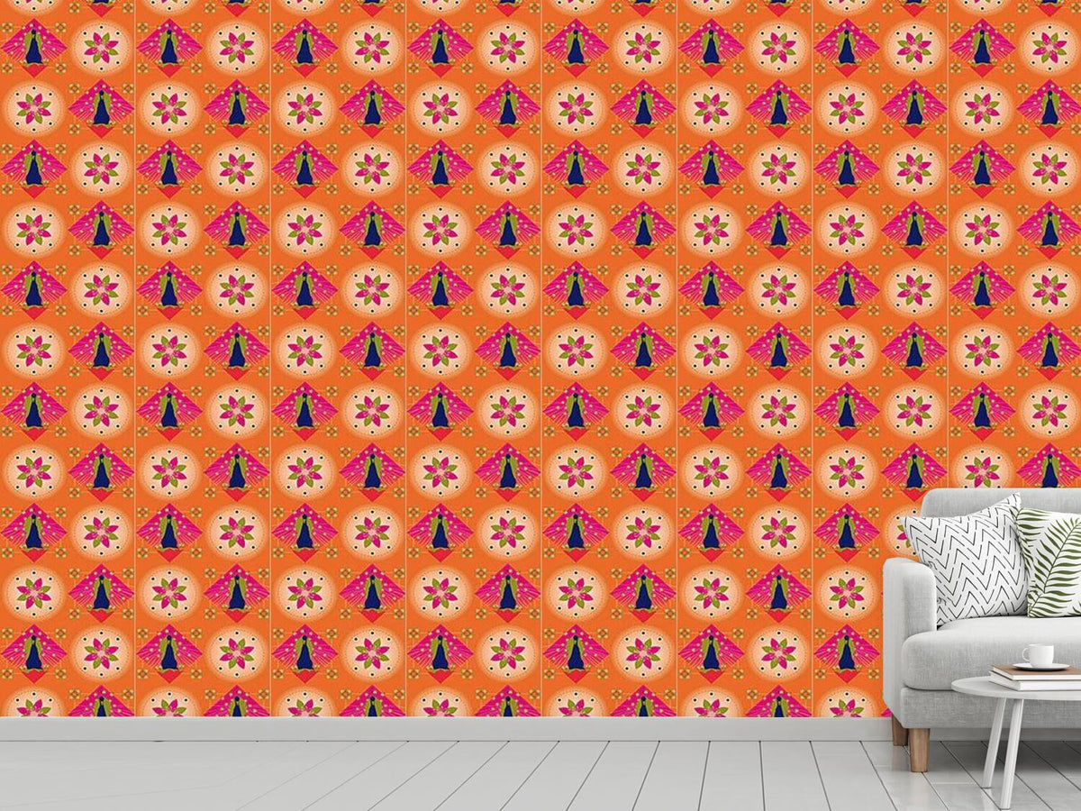 patterned-wallpaper-peacock-and-blossoms-orange