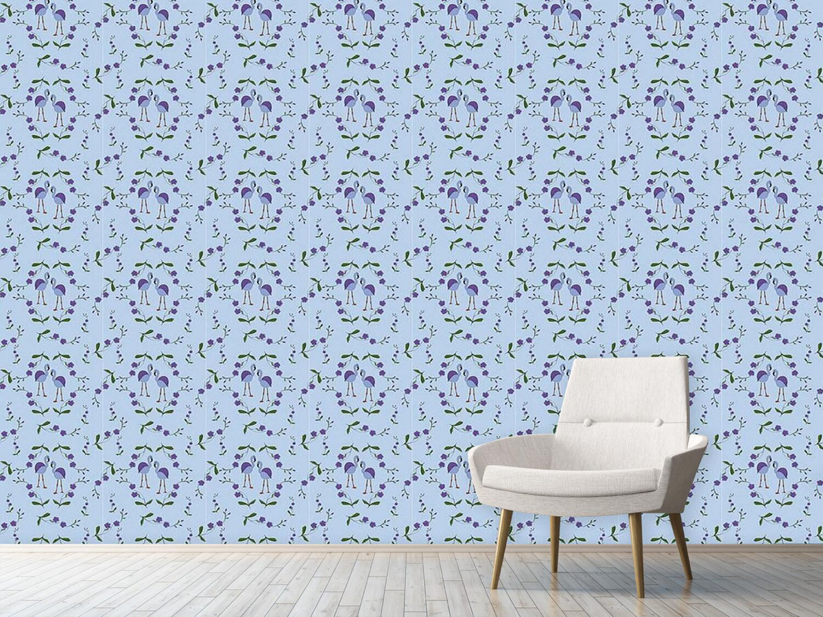 patterned-wallpaper-flamingos-under-blossoms